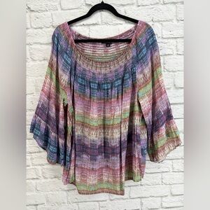 Zac & Rachel Rainbow Ombre Smocked Neck Ruffle Sleeve Blouse Top 2X